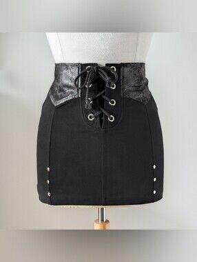 MADE IN QUEBEC - Agace 2017 rare lace-up mini skirt leather look grommet SMALL